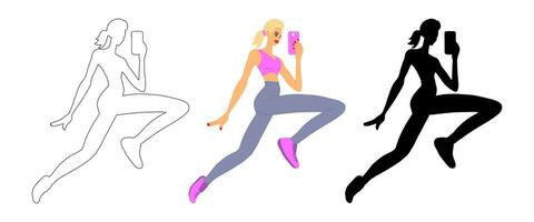 atletisch blond vrouw jumping en nemen een selfie. meisje blogger jogging Leidt een online uitzending. in kleur, silhouet, schets. vector geïsoleerd Aan wit. sport, gezond levensstijl, sociaal netwerken