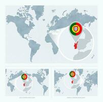 uitvergroot Portugal over- kaart van de wereld, 3 versies van de wereld kaart met vlag en kaart van Portugal. vector