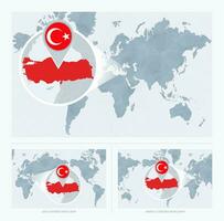 uitvergroot kalkoen over- kaart van de wereld, 3 versies van de wereld kaart met vlag en kaart van kalkoen. vector