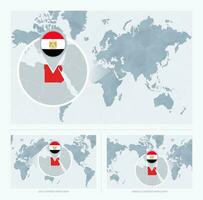 uitvergroot Egypte over- kaart van de wereld, 3 versies van de wereld kaart met vlag en kaart van Egypte. vector