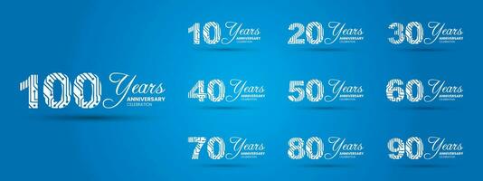 reeks van 10e-100e verjaardag viering embleem. wit verjaardag logo met blauw achtergrond. vector illustratie sjabloon ontwerp voor web, poster, flyers, groet kaart en uitnodiging kaart.