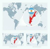 uitvergroot Argentinië over- kaart van de wereld, 3 versies van de wereld kaart met vlag en kaart van Argentinië. vector