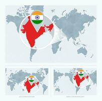 uitvergroot Indië over- kaart van de wereld, 3 versies van de wereld kaart met vlag en kaart van Indië. vector