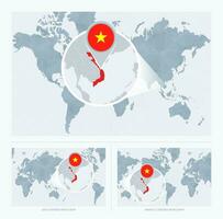 uitvergroot Vietnam over- kaart van de wereld, 3 versies van de wereld kaart met vlag en kaart van Vietnam. vector