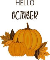 herfst pompoenen met herfst bladeren en opschrift Hallo oktober vector poster