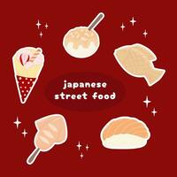 schattig Japans straat voedingsmiddelen vector kunst illustratie stickers set, crêpe takoyaki ikayaki taiyaki sushi.