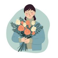 vlak stijl ansichtkaart. mooi hoor jong vrouw met een mooi boeket van vers bloemen. vector