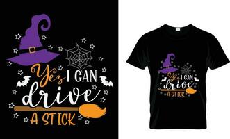 Ja ik kan rit een stok halloween t-shirt ontwerp. halloween vector grafisch. halloween t-shirt illustratie Aan geïsoleerd zwart achtergrond.