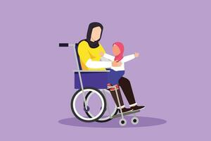karakter vlak tekening gelukkig gehandicapt moeder met haar kind. onbekwaamheid Arabisch vrouw Holding baby in haar armen. familie liefde concept. fysiek onbekwaamheid en samenleving. tekenfilm ontwerp vector illustratie