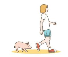 een meisje loopt en een schattig varkentje volgt. handgetekende stijl vectorontwerpillustraties. vector