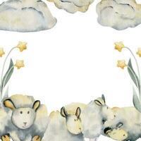 waterverf hand- getrokken illustratie, schattig baby schapen met wolken en magisch ster bloemen. grens kader geïsoleerd Aan wit achtergrond. getextureerde effect. voor kinderen, kinderen slaapkamer, kleding stof, linnengoed afdrukken vector