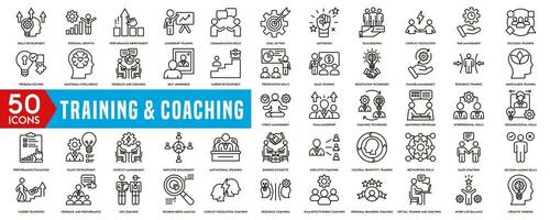 opleiding en coaching icoon set. met team gebouw, samenwerking, teamwerk, coachen, probleemoplossing en onderwijs pictogrammen. solide icoon verzameling vector