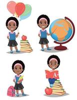 terug naar school. schattig afro-amerikaans meisje is klaar om te studeren. mooi kind. vector