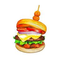 waterverf cheeseburger met kaas, ui, tomaat illustratie vector