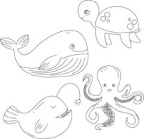 schets onderwater- dieren clip art reeks in tekenfilm stijl. omvat 4 oceaan dieren voor kinderen en kinderen vector