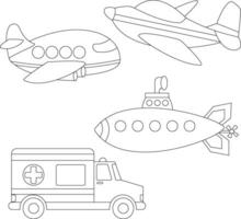 schets tekening vervoer clip art reeks in tekenfilm stijl voor kinderen en kinderen omvat 4 voertuigen vector