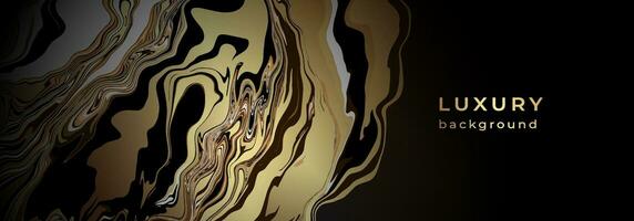 luxe gouden banier met marmeren textuur. abstract glimmend achtergrond met vloeiende vloeistof. goud verf strepen. golvend glinsterende patroon vector