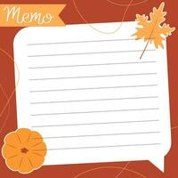 schattig herfst papier memo sjabloon. notities, memo en naar Doen lijst gebruikt in een dagboek, huis of kantoor. vector