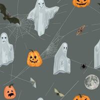 halloween naadloos patroon. ornament van geesten, pompoenen, insecten, spin web, knuppel. spookachtig vector illustratie in tekenfilm stijl.