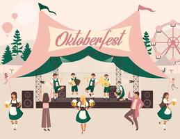 oktoberfest platte vectorillustratie. bierfestival, oktoberfeestconcert. volksvoorstelling in tent. muziek en dans. mensen in klederdracht dragen bier. volksfest stripfiguren vector