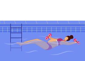 zwangere vrouw zwemmen in zwembad platte vectorillustratie. gezonde levensstijl. jonge moeder in bikini oefenen in water met gewichten stripfiguur op witte achtergrond vector