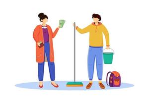 geld verdienen platte vectorillustratie. zich klaarmaken voor reis, vakantie. werken als schoonmaker. werk voor student, jeugd. Reisvoorbereiding geïsoleerde stripfiguur op witte achtergrond vector