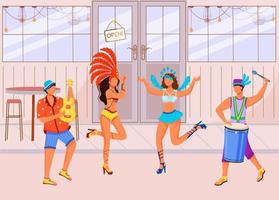 Braziliaanse carnaval egale kleur vectorillustratie. dansende vrouwen in feestelijke kleding. etnische feestdag. staande mannen spelen ukulele en conga 2d stripfiguren met café op achtergrond vector