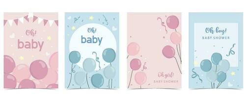 baby douche uitnodiging kaart met ballon, wolk, lucht, roze blauw vector