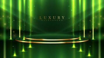 leeg podium gouden Aan groen achtergrond met licht neon Effecten met bokeh decoraties. luxe tafereel ontwerp concept. vector illustraties.