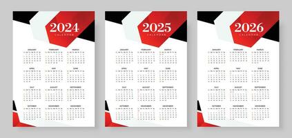 2024, 2025 en 2026 kalender set, week begin zondag, gemakkelijk verticaal kalender ontwerp sjabloon. zakelijke ontwerp ontwerper sjabloon. muur kalender in een minimalistische stijl vector