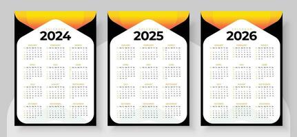 2024, 2025 en 2026 kalender set, week begin zondag, gemakkelijk verticaal kalender ontwerp sjabloon. muur kalender in een minimalistische stijl. zakelijke ontwerp ontwerper sjabloon vector