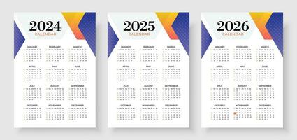 2024, 2025 en 2026 kalender set, week begin zondag, gemakkelijk verticaal kalender ontwerp sjabloon. zakelijke ontwerp ontwerper sjabloon. muur kalender in een minimalistische stijl vector