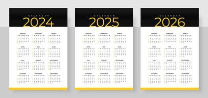 2024, 2025 en 2026 kalender set, week begin zondag, gemakkelijk verticaal kalender ontwerp sjabloon. muur kalender in een minimalistische stijl. zakelijke ontwerp ontwerper sjabloon vector