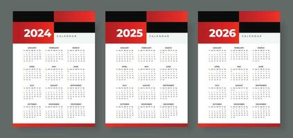 2024, 2025 en 2026 kalender set, week begin zondag, gemakkelijk verticaal kalender ontwerp sjabloon. muur kalender in een minimalistische stijl. zakelijke ontwerp ontwerper sjabloon vector