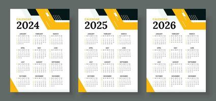 2024, 2025 en 2026 kalender set, week begin zondag, gemakkelijk verticaal kalender ontwerp sjabloon. zakelijke ontwerp ontwerper sjabloon. muur kalender in een minimalistische stijl vector