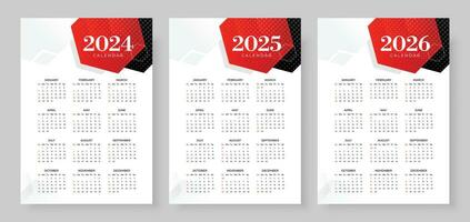 2024, 2025 en 2026 kalender set, week begin zondag, gemakkelijk verticaal kalender ontwerp sjabloon. muur kalender in een minimalistische stijl. zakelijke ontwerp ontwerper sjabloon vector