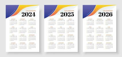 kalender 2024, kalender 2025 en kalender 2026, week begin zondag, zakelijke ontwerp ontwerper sjabloon. muur kalender in een minimalistische stijl vector