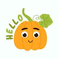 gelukkig kawaii pompoen in zonnebril met de opschrift Hallo. tekenfilm mascotte groente karakter. geïsoleerd vector illustratie Aan wit achtergrond.