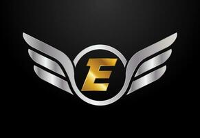 Engels alfabet e met Vleugels logo ontwerp. auto en automotive vector logo concept