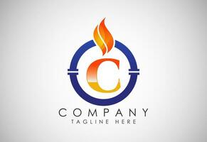 Engels alfabet c met brand vlam en pijp. olie en gas- industrie logo ontwerp concept. vector