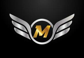 Engels alfabet m met Vleugels logo ontwerp. auto en automotive vector logo concept
