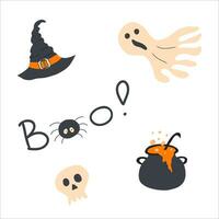 halloween set, heks hoed, geest, schedel, toverdrank, spin, boe. vector geïsoleerd illustraties in tekenfilm stijl