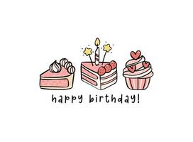 schattig roze verjaardag cakes met kaarsen minimaal tekening, vieren partij met schattig taart illustratie hand- tekening perfect voor groet kaarten. vector