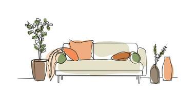 doorlopend een lijn tekening van sofa en met ingemaakt planten. Scandinavisch elegant meubilair in gemakkelijk lineair stijl. vector illustratie