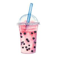 roze bubbel boba melk thee in plastic glas met rietje geïsoleerd hand- getrokken waterverf schilderij illustratie vector