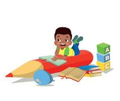 schattig gelukkig jongen lezing een boek vector
