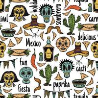 de dag van de dood naadloos vector patroon. Mexicaans vakantie achtergrond met suiker schedel, burrito, cactus, sombrero, tequila, pittig snel voedsel. traditioneel carnaval, feest voor de dia de los Muertos