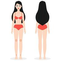 geheel lichaam schattig brunette in bikini voorkant en rug. vector Dames karakter voor animatie, reclameteken of spel