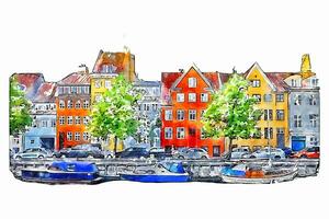 Kopenhagen Denemarken waterverf hand- getrokken illustratie geïsoleerd Aan wit achtergrond vector