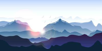 prachtig besneeuwd berg landschap. winter bergen landschap met dennen en heuvels. zonsopkomst of zonsondergang. vector illustratie